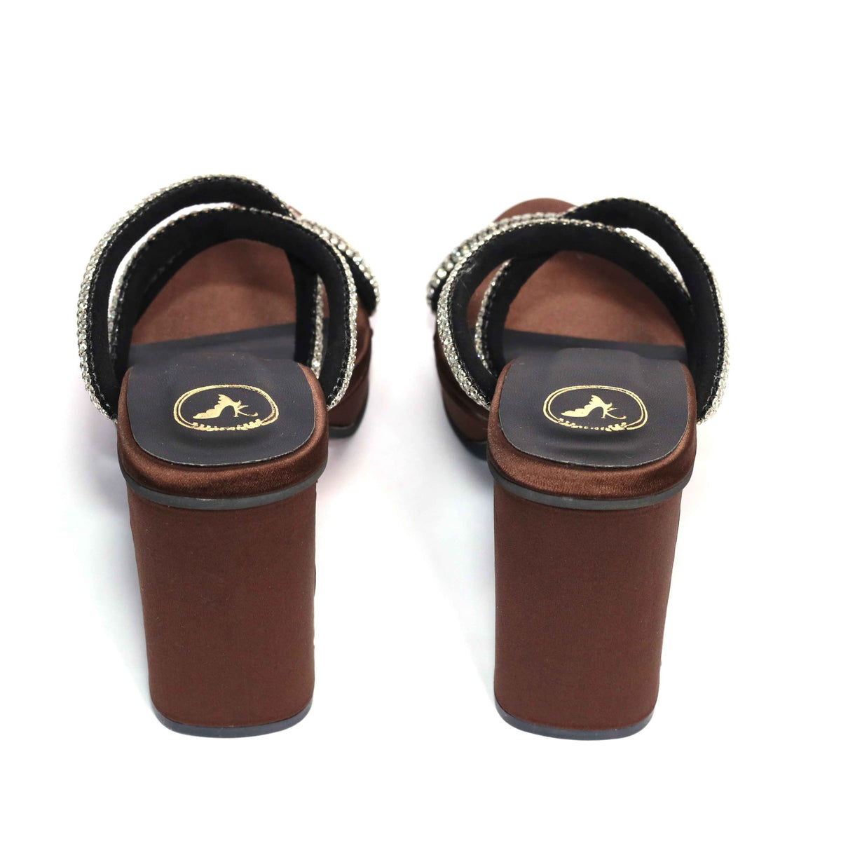 Black Open Toe Slip on Closure Mocha Star Block Heel