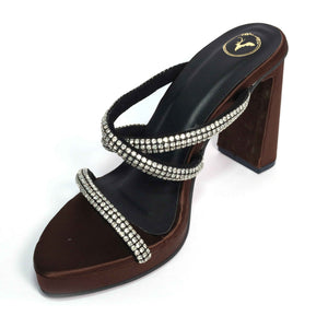Black Open Toe Slip on Closure Mocha Star Block Heel