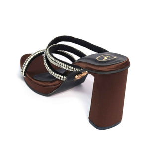 Black Open Toe Slip on Closure Mocha Star Block Heel
