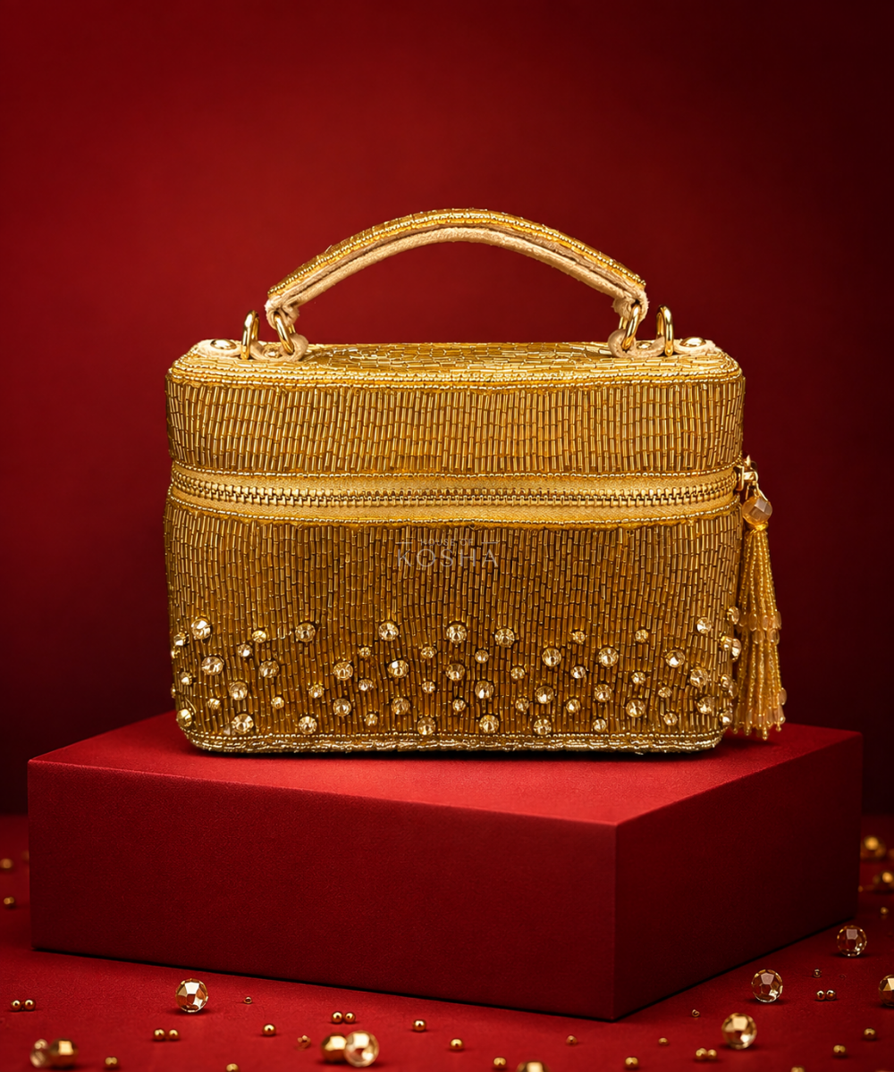Cally Gold Suede Embroidered Vanity Bag