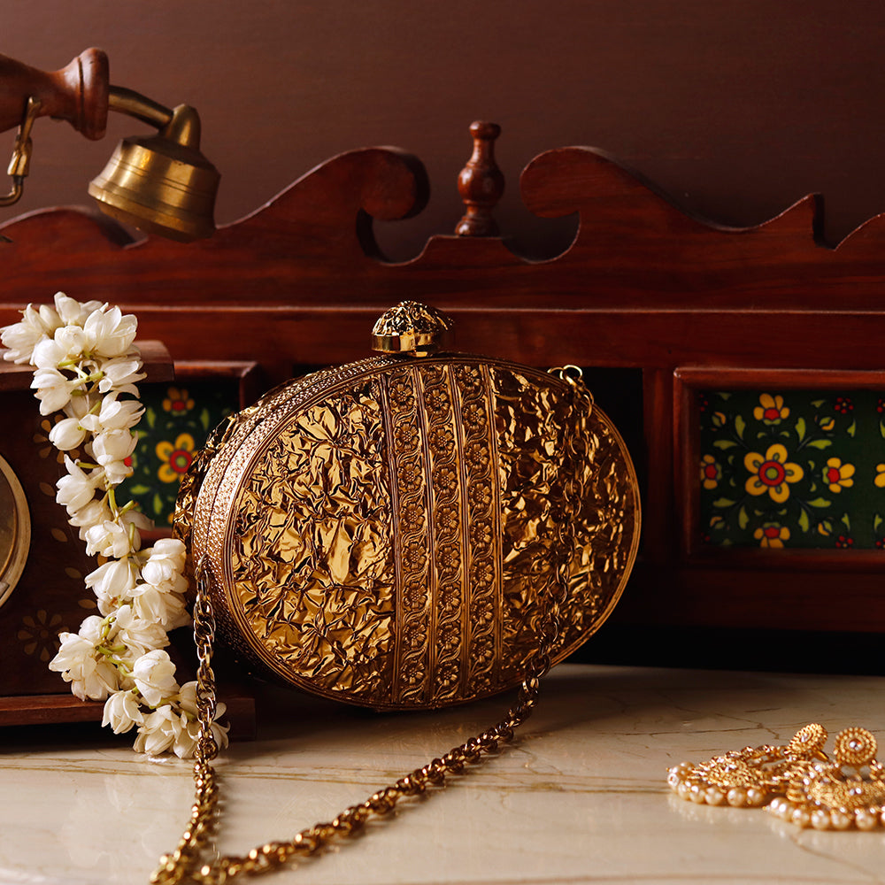 THE TAN CLAN Noor Golden Brass Mother of Pearl Clutch