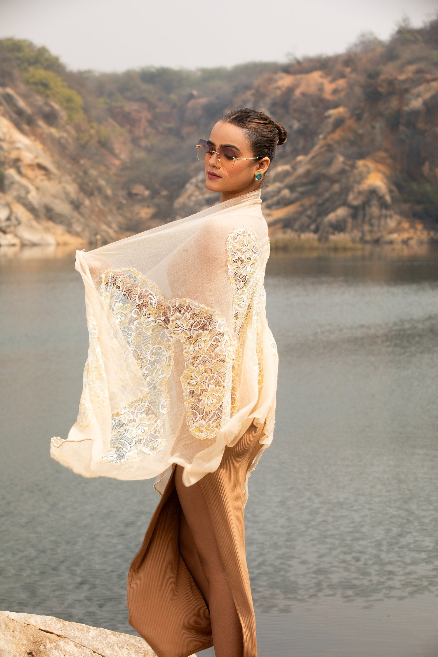 Beige Wool Scarf Withlace Border, Perfect Lightweight Winter Scarf