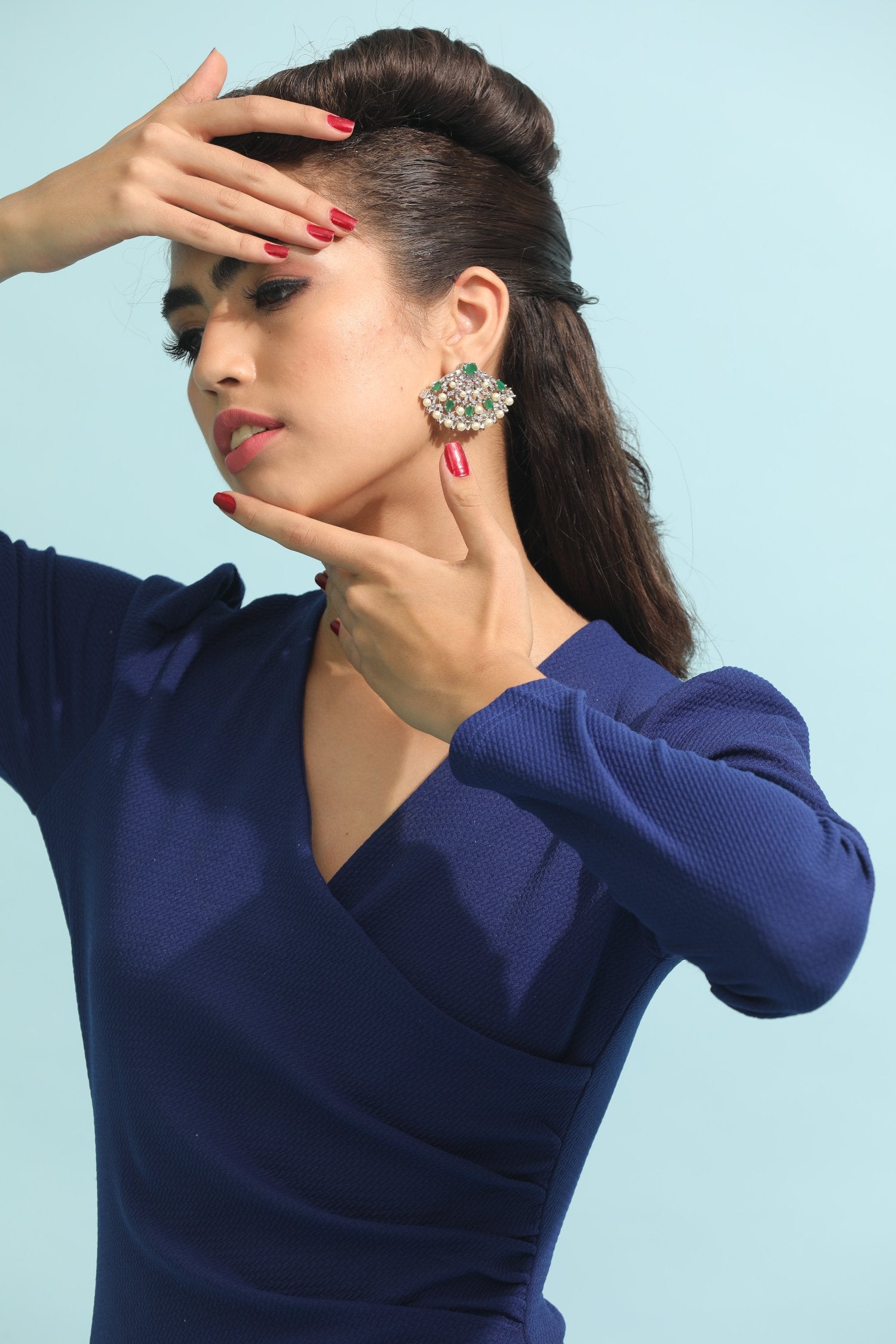 Exotic Japanese Fan Earrings With Emerald, Pearls, And Swarovski