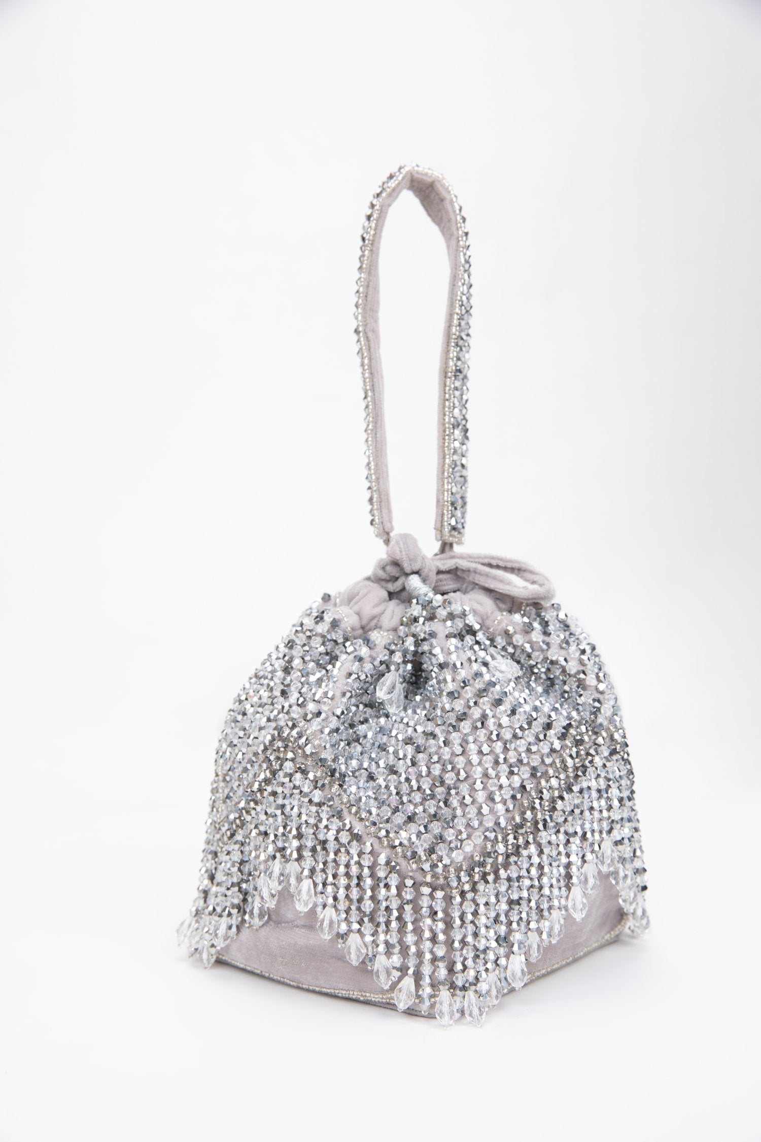 Lustrous Silver Opal Potli With Handle, Embellished Ethnic Design