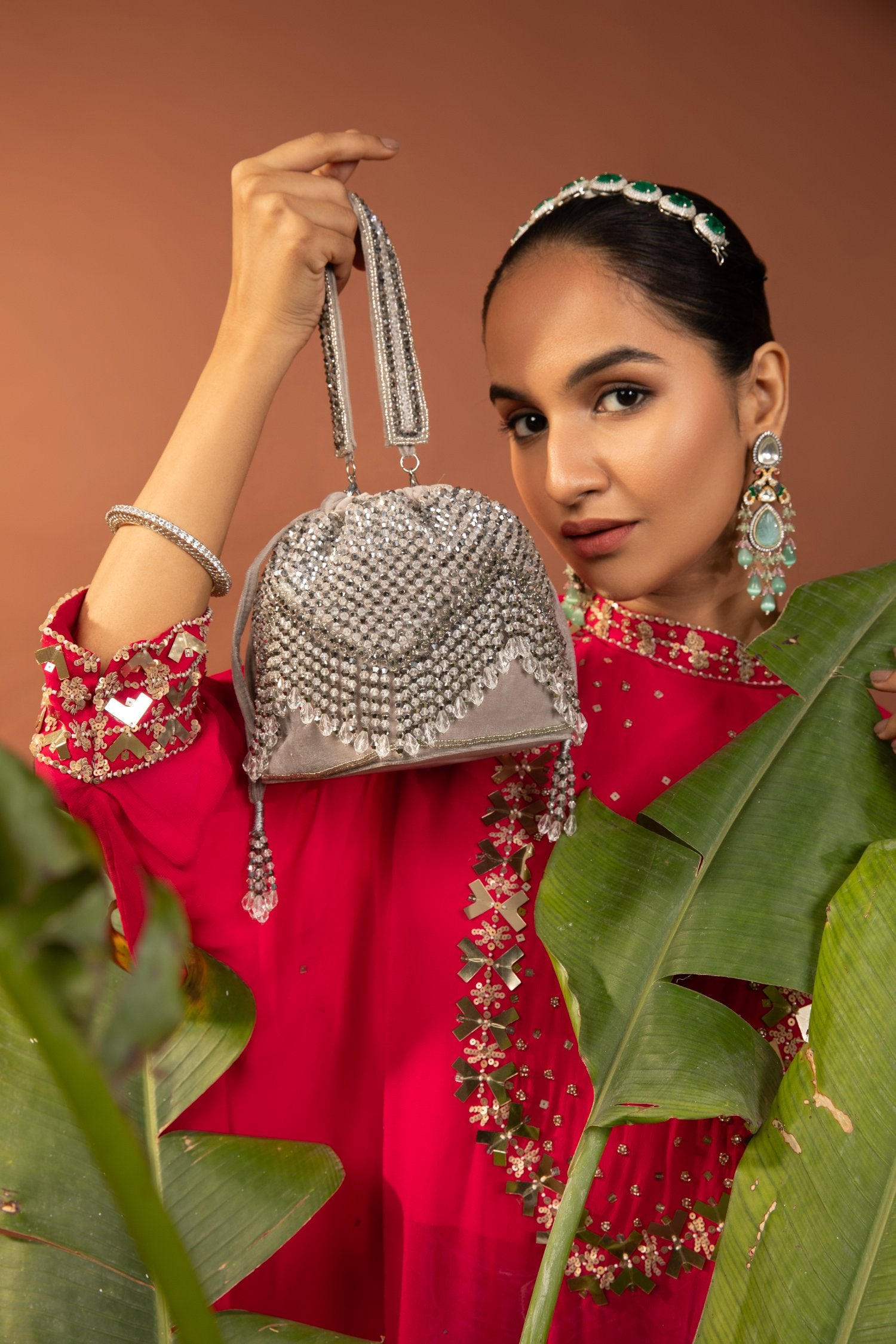 Lustrous Silver Opal Potli With Handle, Embellished Ethnic Design