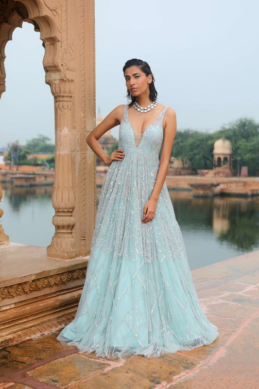 Ice Blue Flared Gown