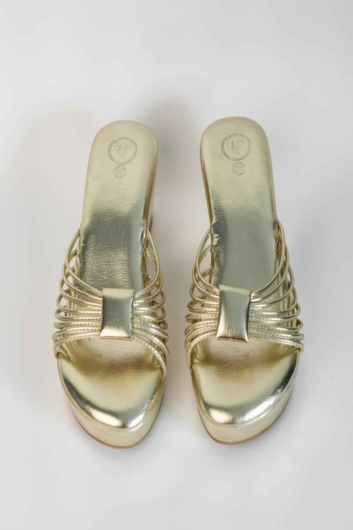 Gold Open Toe Slip-on closure Biscuit Wedge
