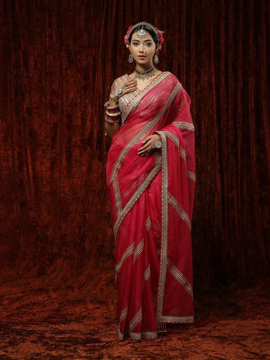 Rani & Red Organza Gota Leheriya Saree & Blouse Set