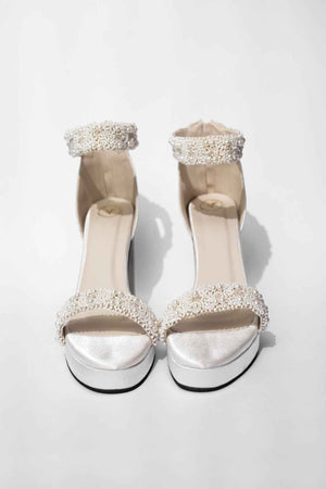 White Open Toe Narrow Fit Kushi Pearls Elevated Heels