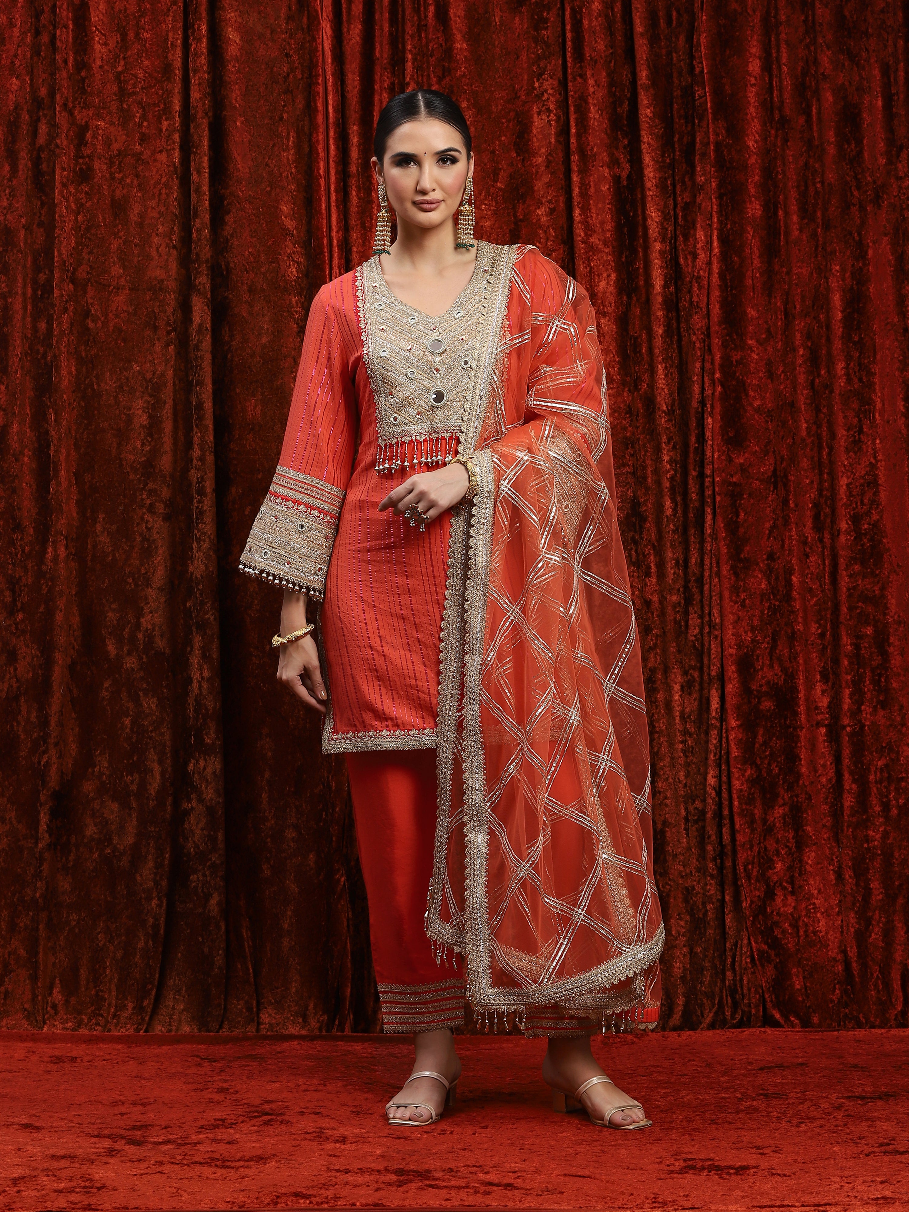 Orange & Red Kurta Kurta Pant Dupatta Set