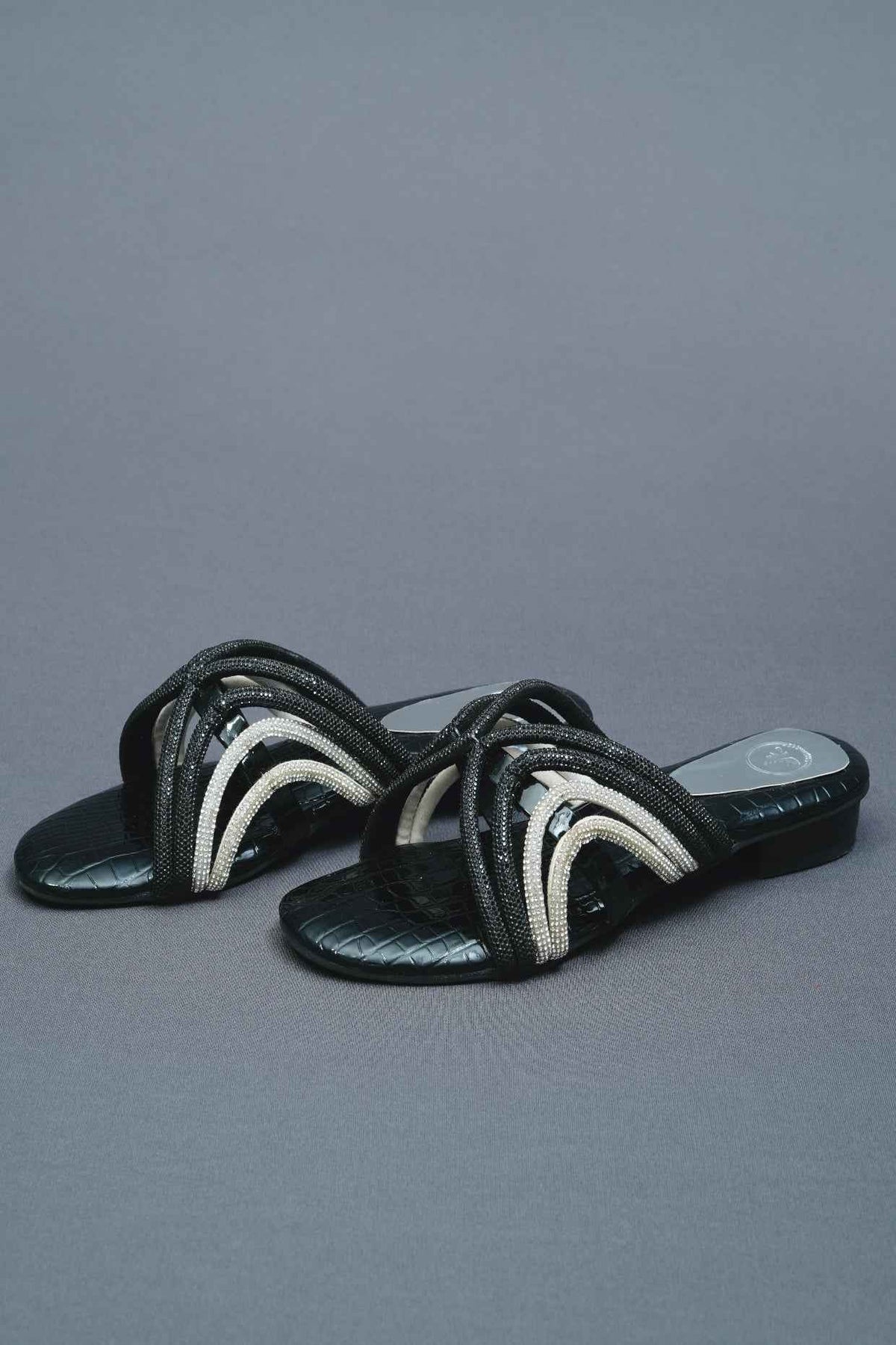 Open Toe Faux Leather Black Gema Flats
