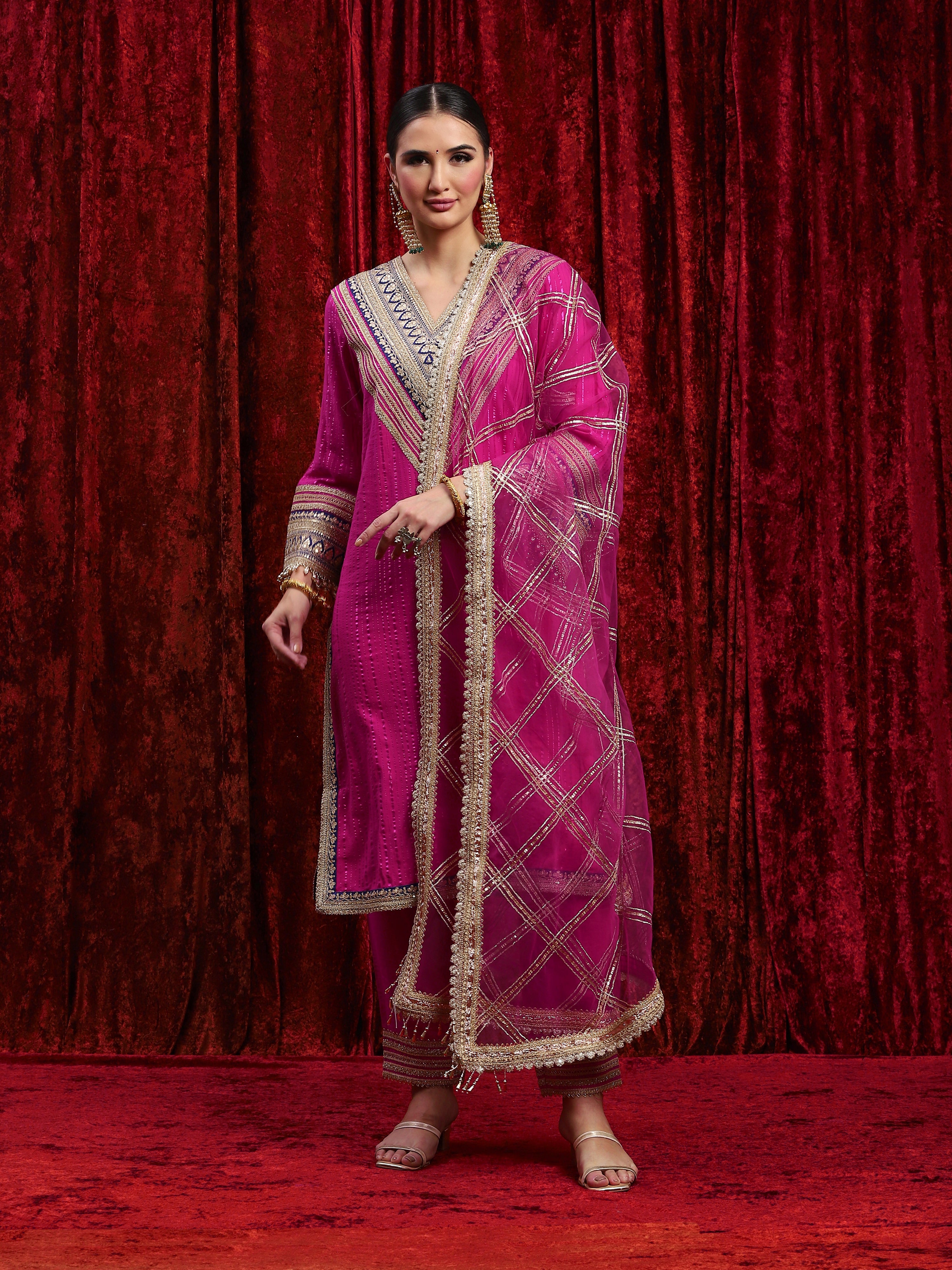 Rani Pink & Electric Blue Kurta Pant Dupatta Set