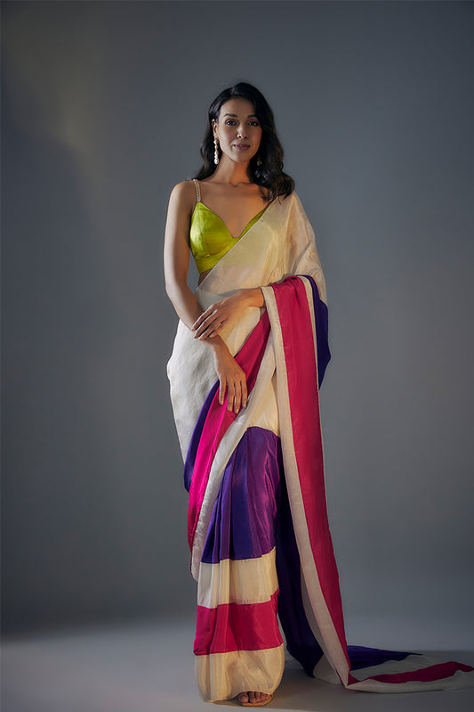 Hot Pink ,Purple And Light Gold Block Saree In Tissue Wih Lime Green Embroidered Blouse
