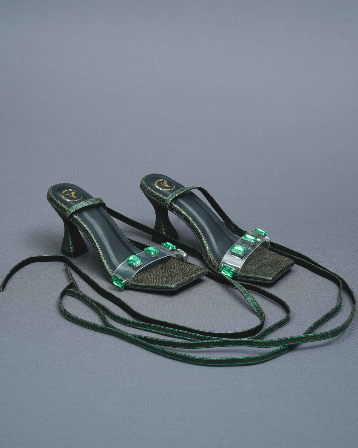 Open Toe Faux Leather Green Stones Tie Up Heels
