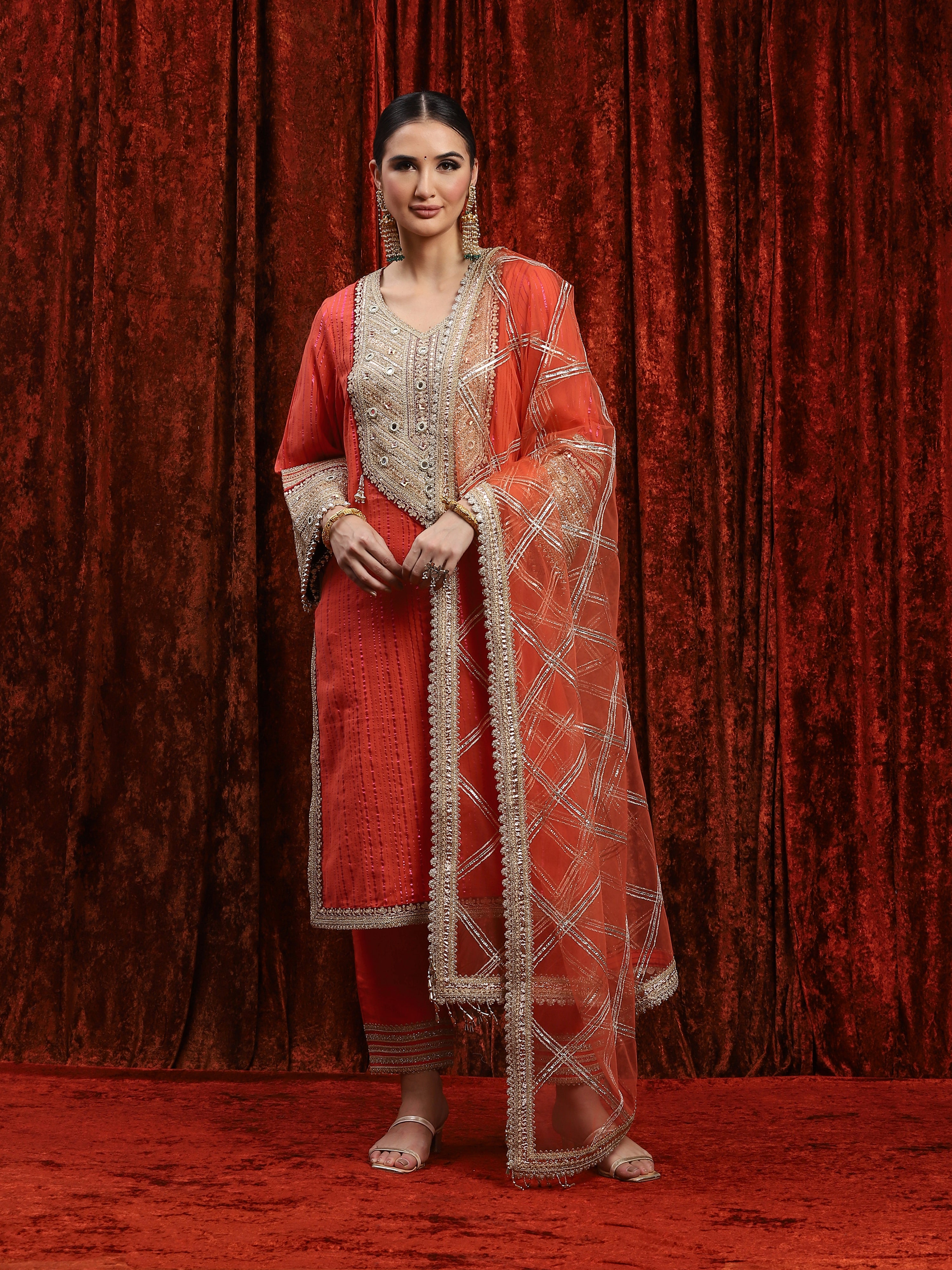 Orange & Maroon Kurta Pant Dupatta Set