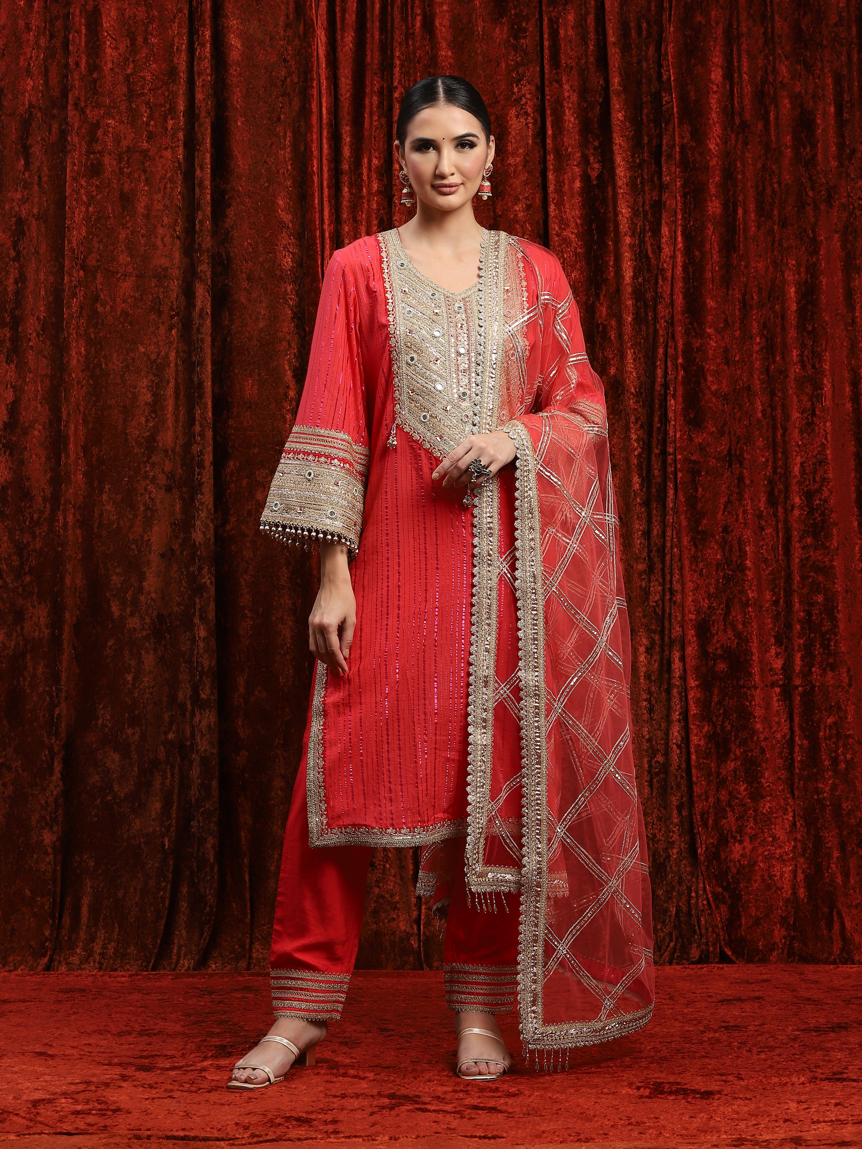 Watermelon Red & Red Kurta Pant Dupatta Set