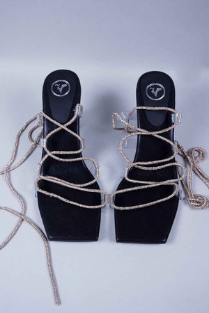 Black Stringy Shoe Lace Heel Sandal