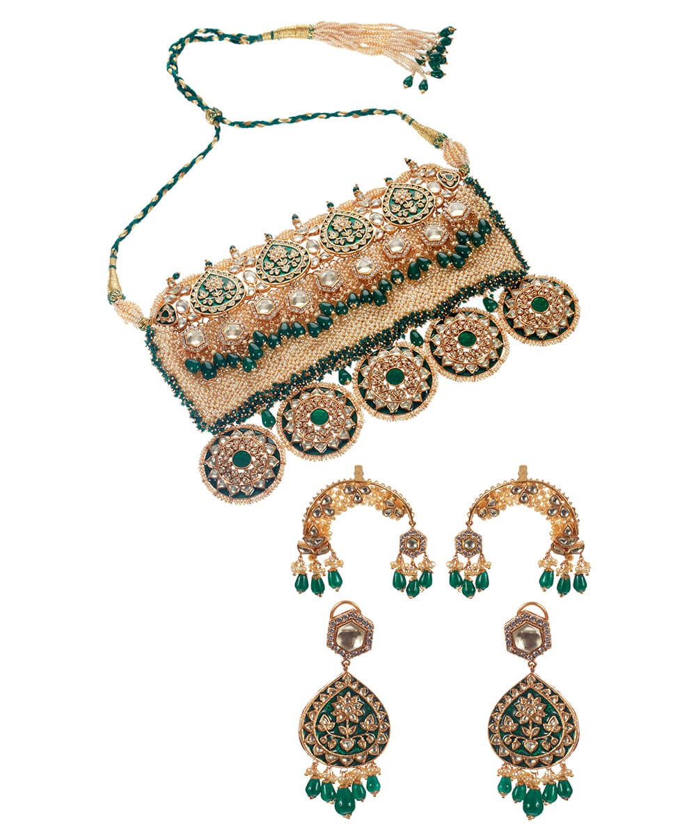 Green Meenakari And Pearl Jaal Bridal Set