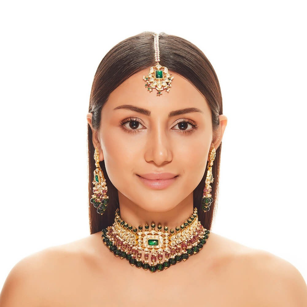 Emerald And Ruby Open Polki Necklace Set