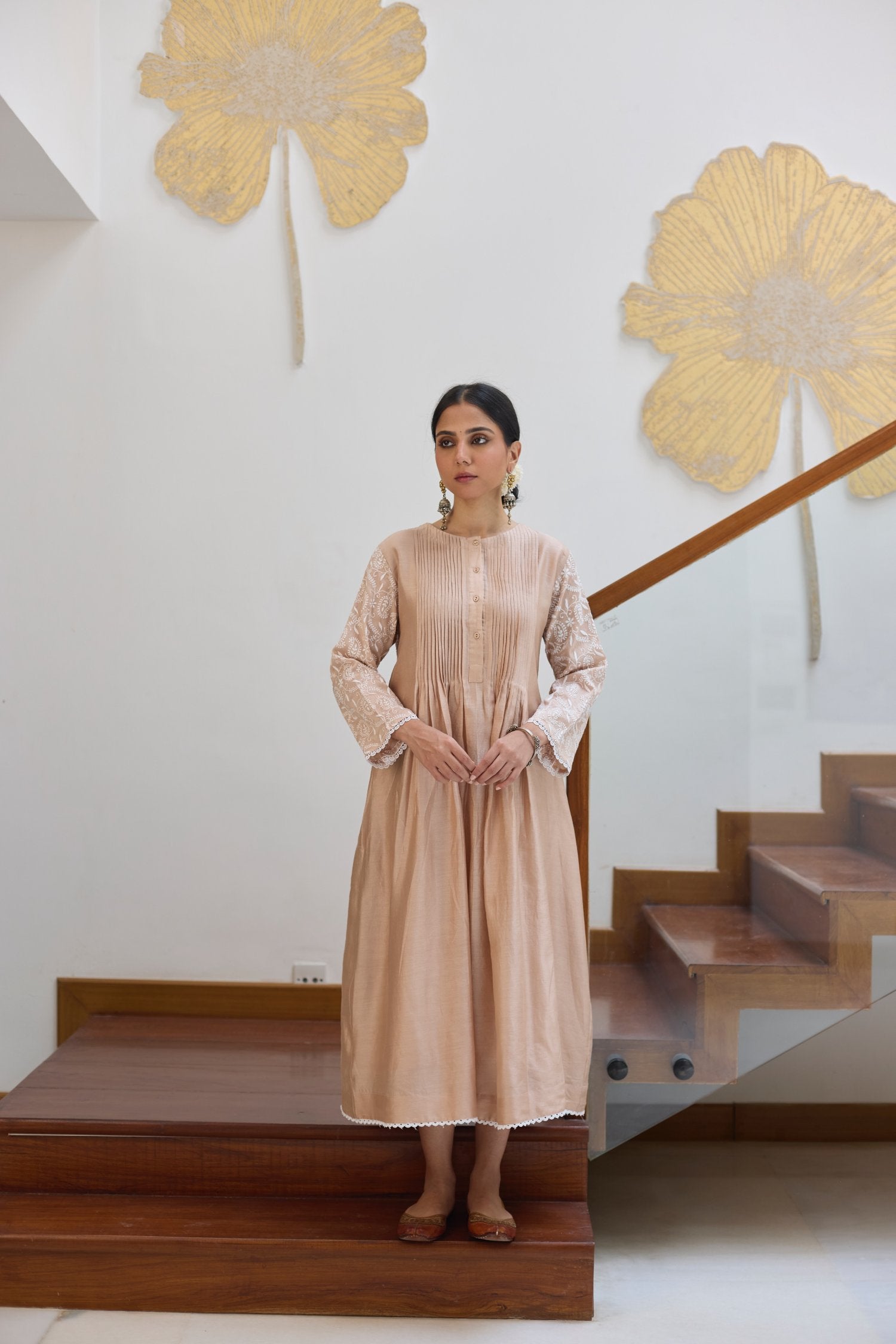 Pintucks Flared Dress - Beige