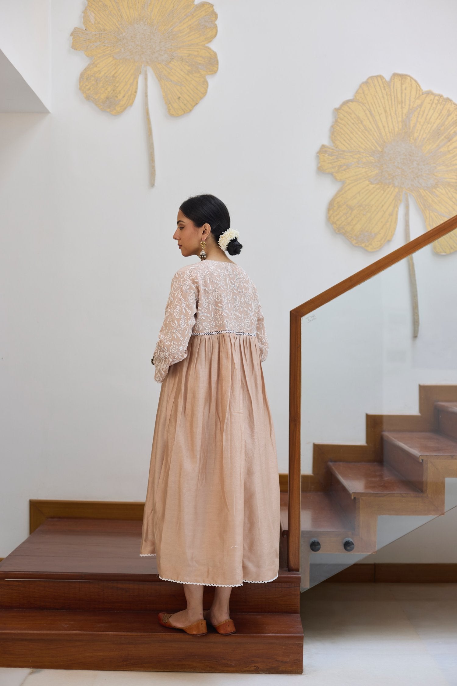 Pintucks Flared Dress - Beige