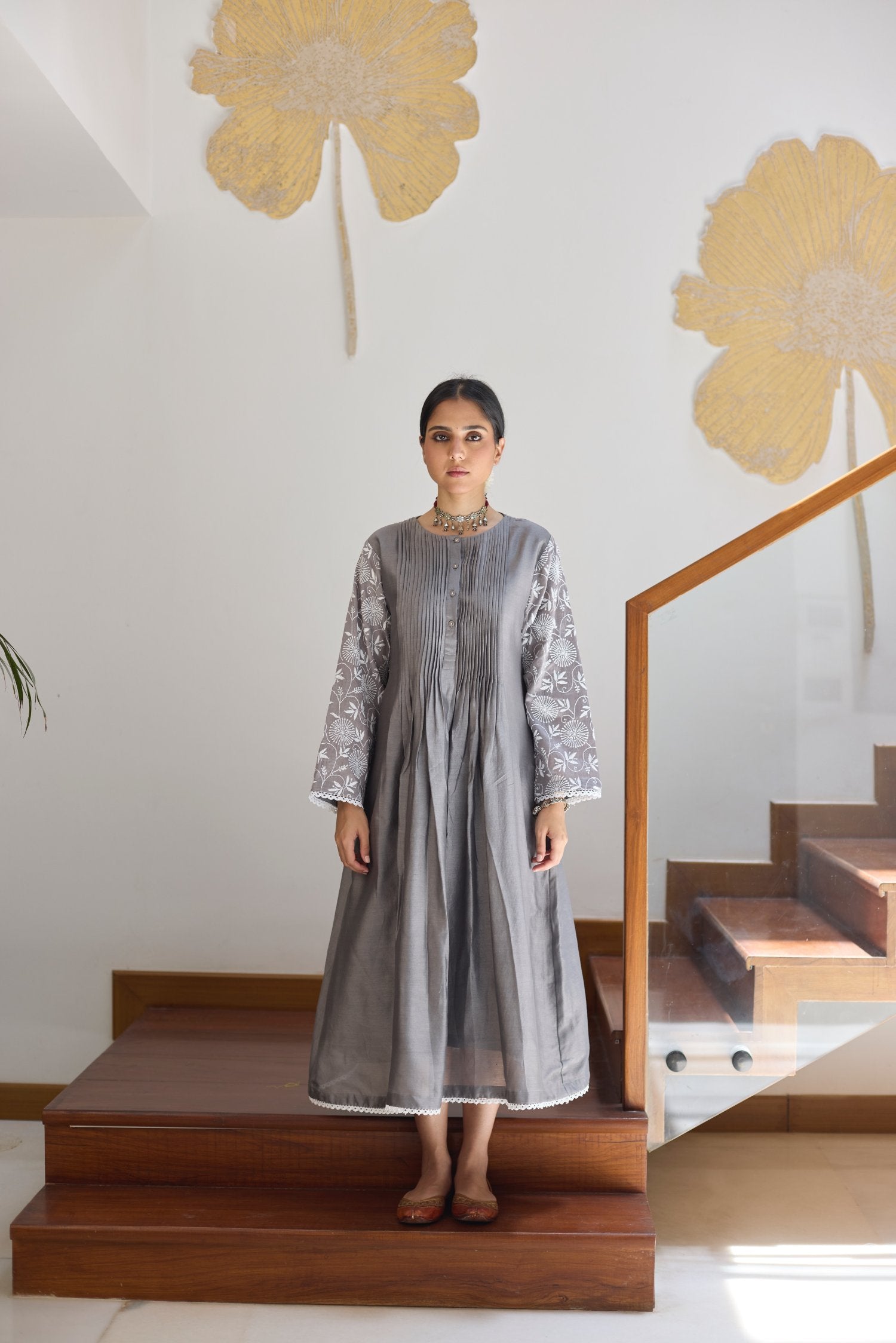 Pintucks Flared Dress - Grey