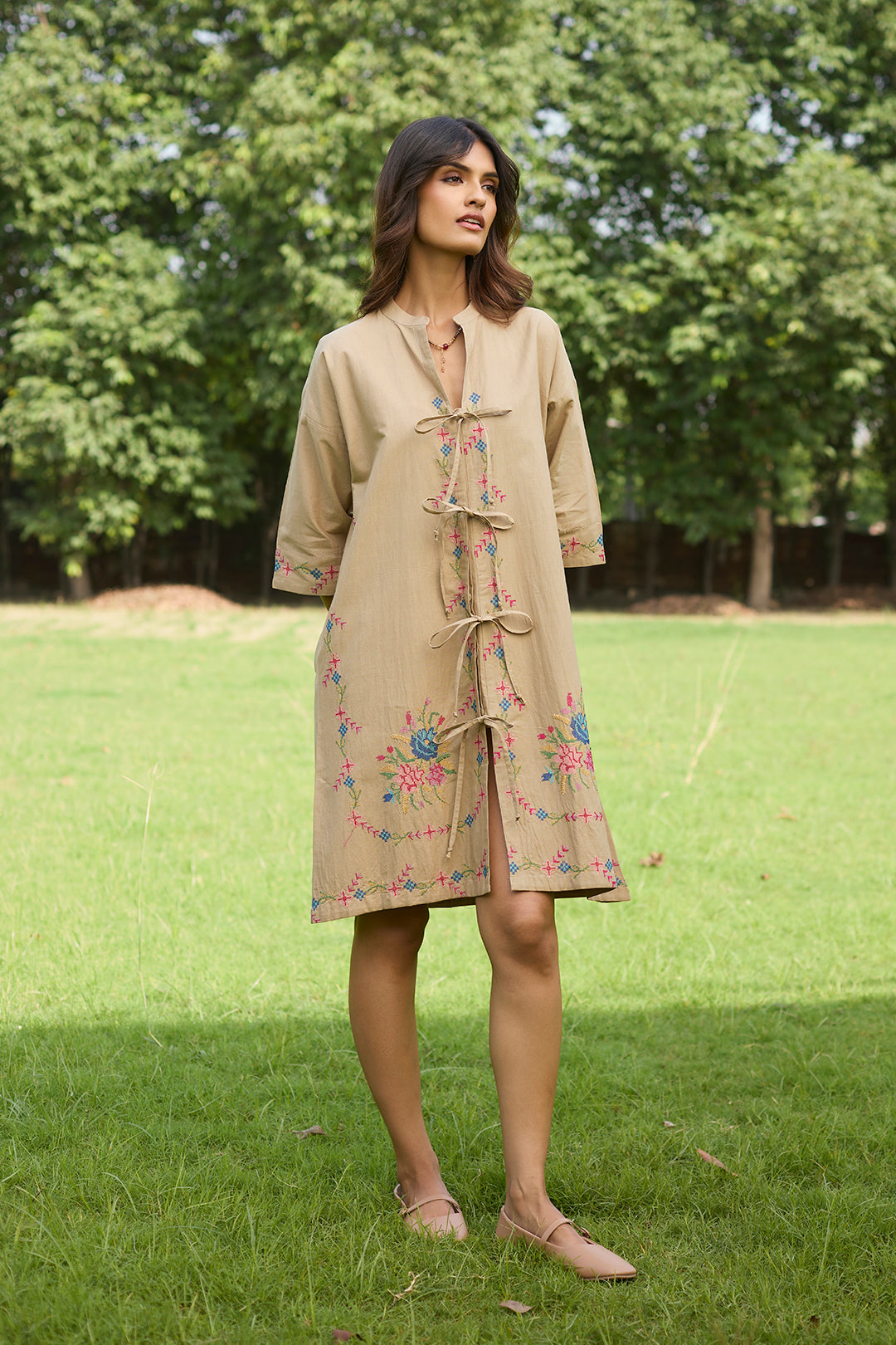 Beige Bloom Cross Stitch Dress