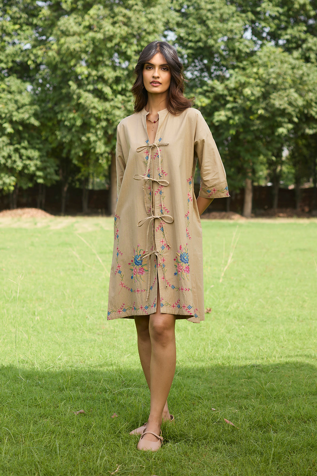 Beige Bloom Cross Stitch Dress