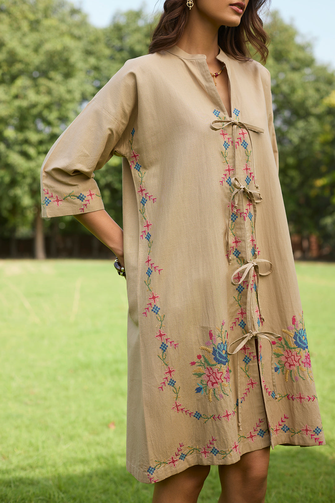 Beige Bloom Cross Stitch Dress
