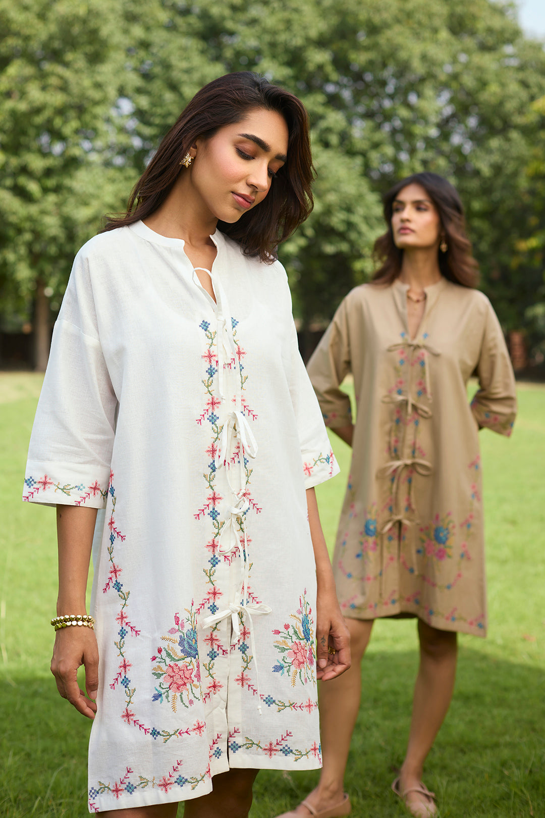 Beige Bloom Cross Stitch Dress