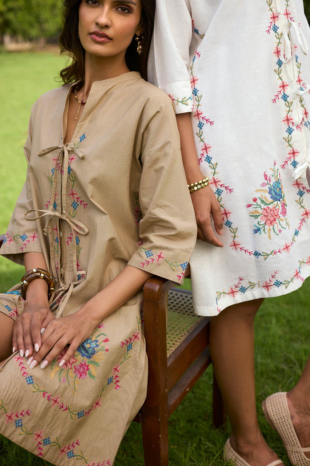 Beige Bloom Cross Stitch Dress