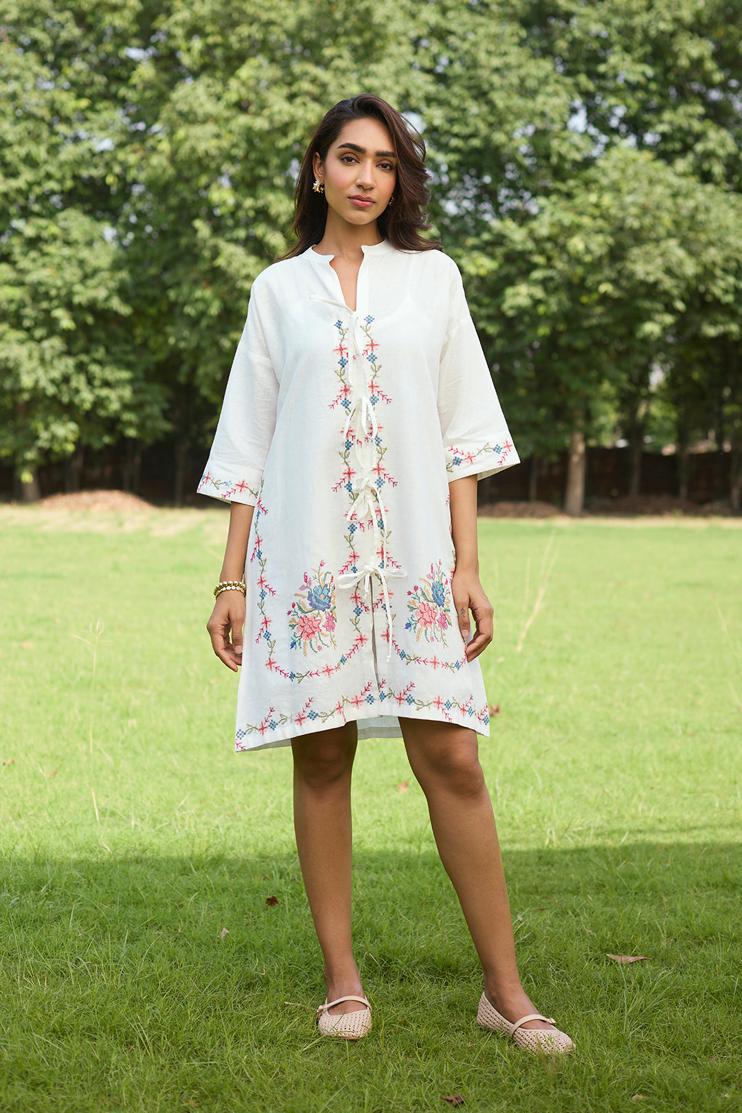 Off White Bloom Cross Stitch Dress
