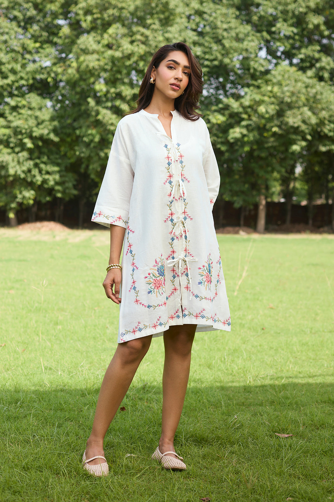 Off White Bloom Cross Stitch Dress