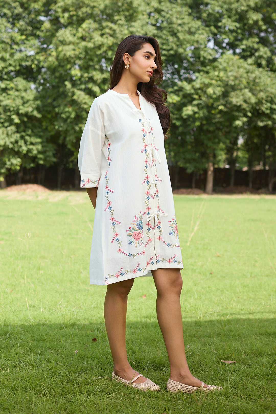 Off White Bloom Cross Stitch Dress