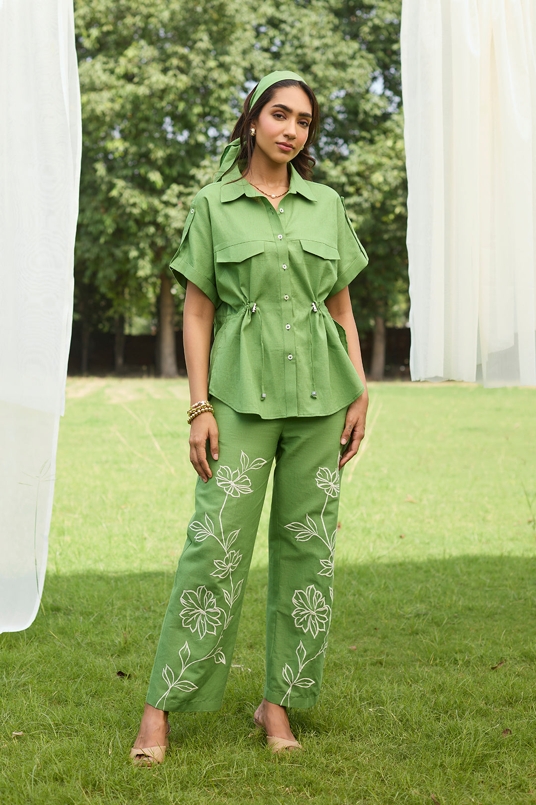 Green Floral Embroidered Linen Set
