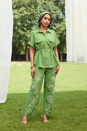 Green Floral Embroidered Linen Set