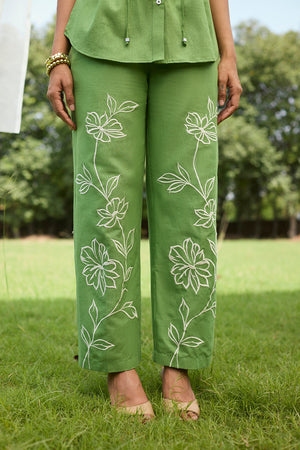 Green Floral Embroidered Linen Set