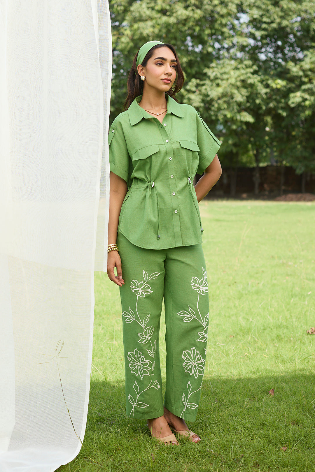 Green Floral Embroidered Linen Set