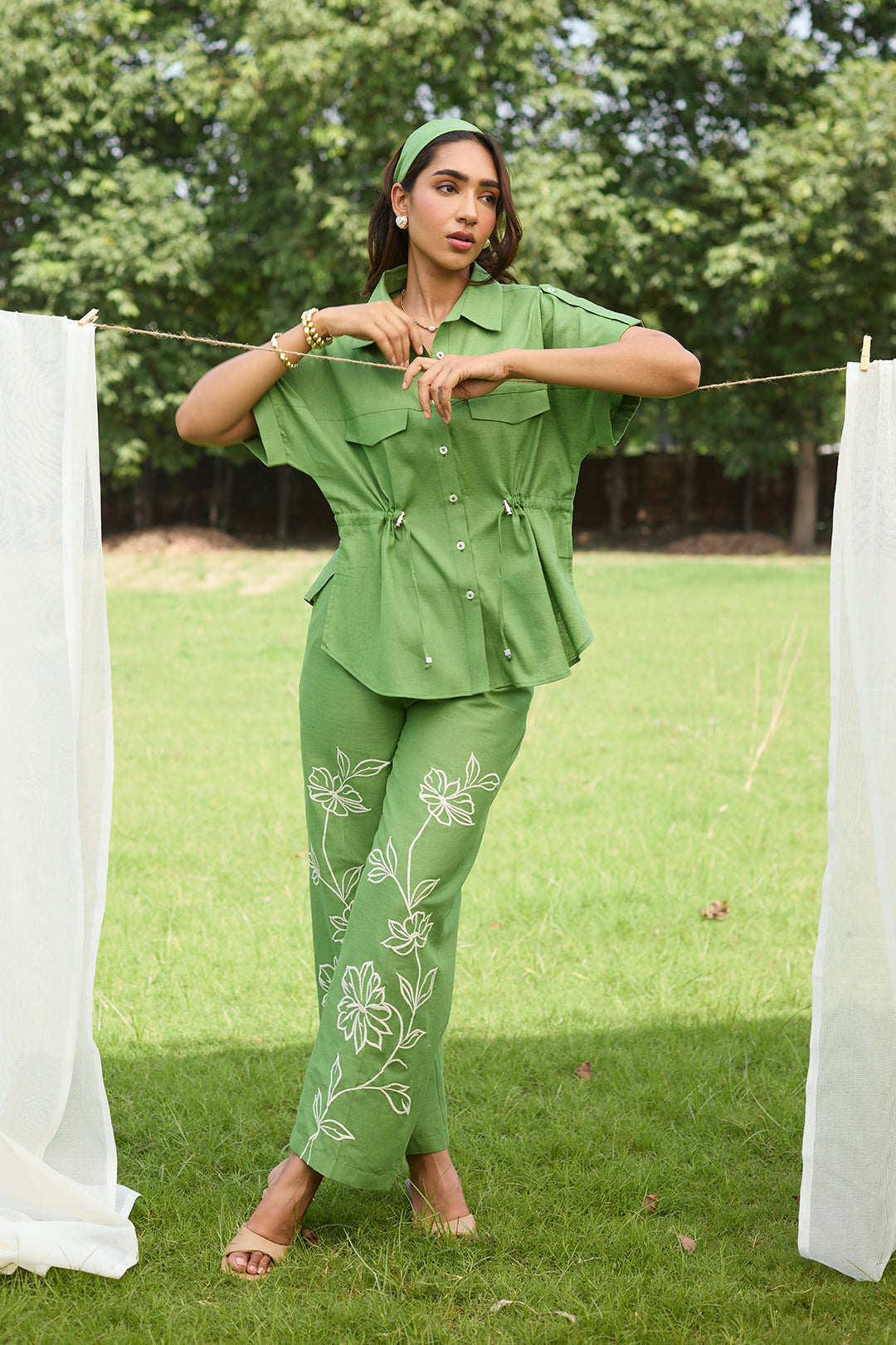 Green Floral Embroidered Linen Set