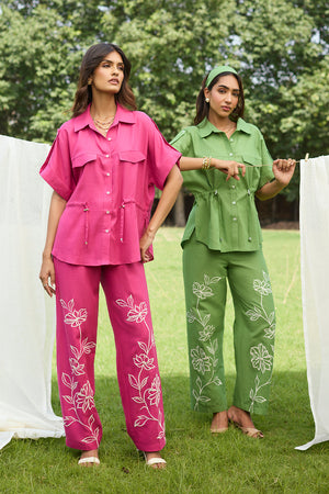Green Floral Embroidered Linen Set