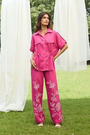 Pink Floral Embroidered Linen Set
