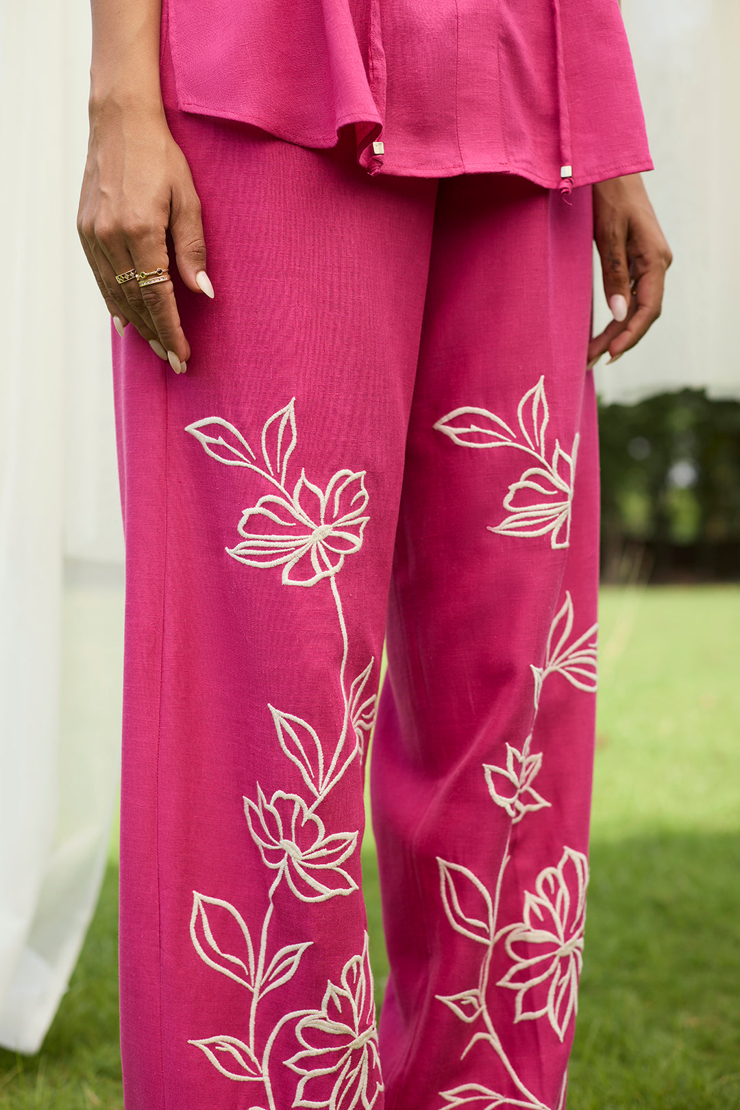 Pink Floral Embroidered Linen Set