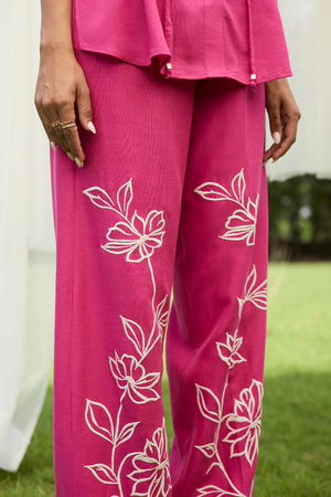 Pink Floral Embroidered Linen Set