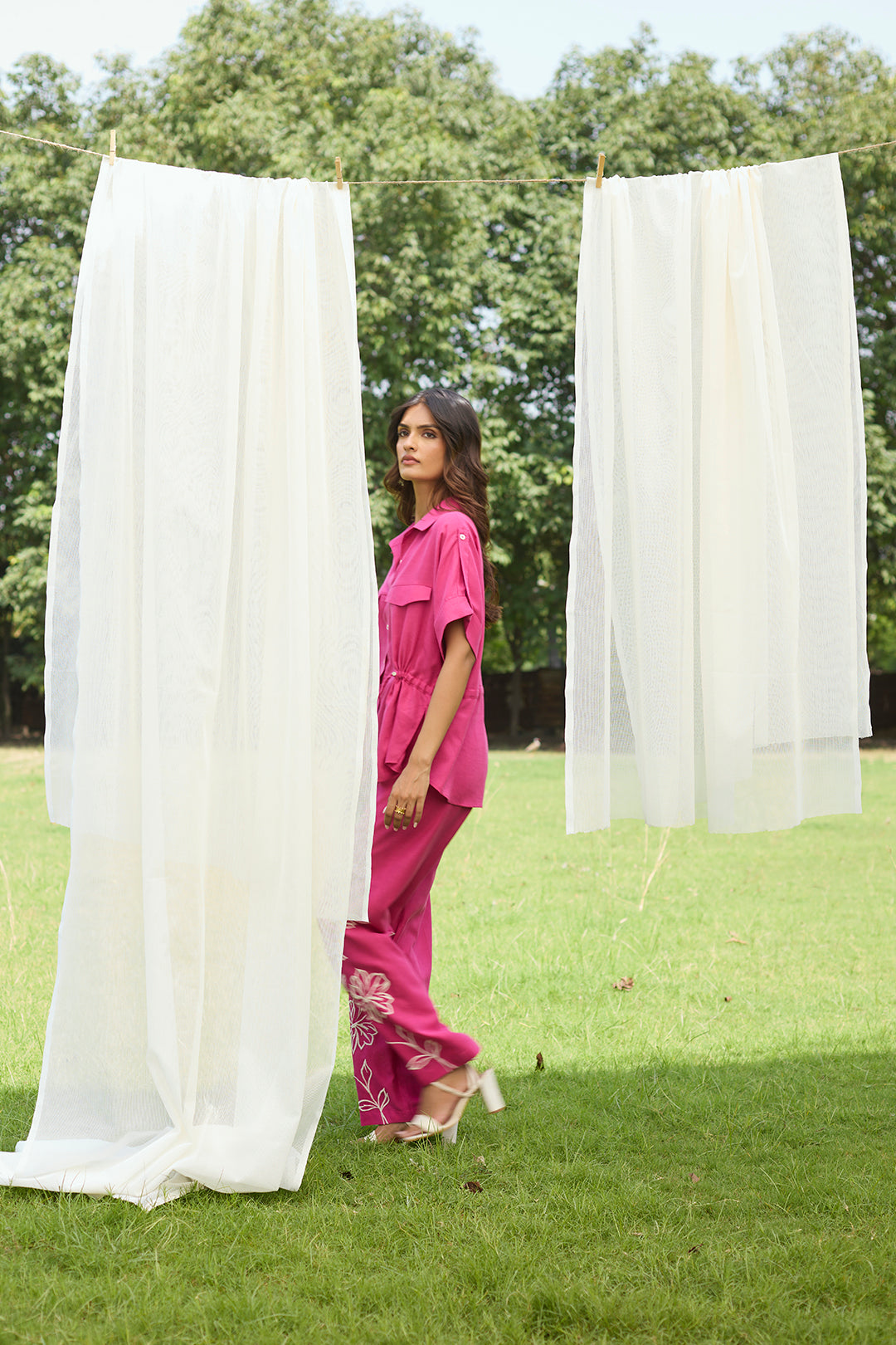 Pink Floral Embroidered Linen Set