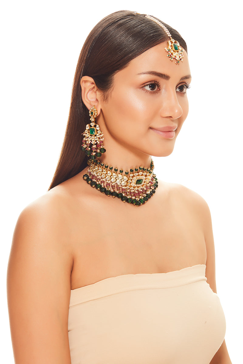 Emerald and Ruby Open Polki Necklace Set