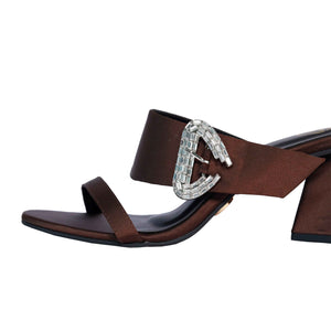 Brown Open Toe Leather Dazzle Mocha Block Heel