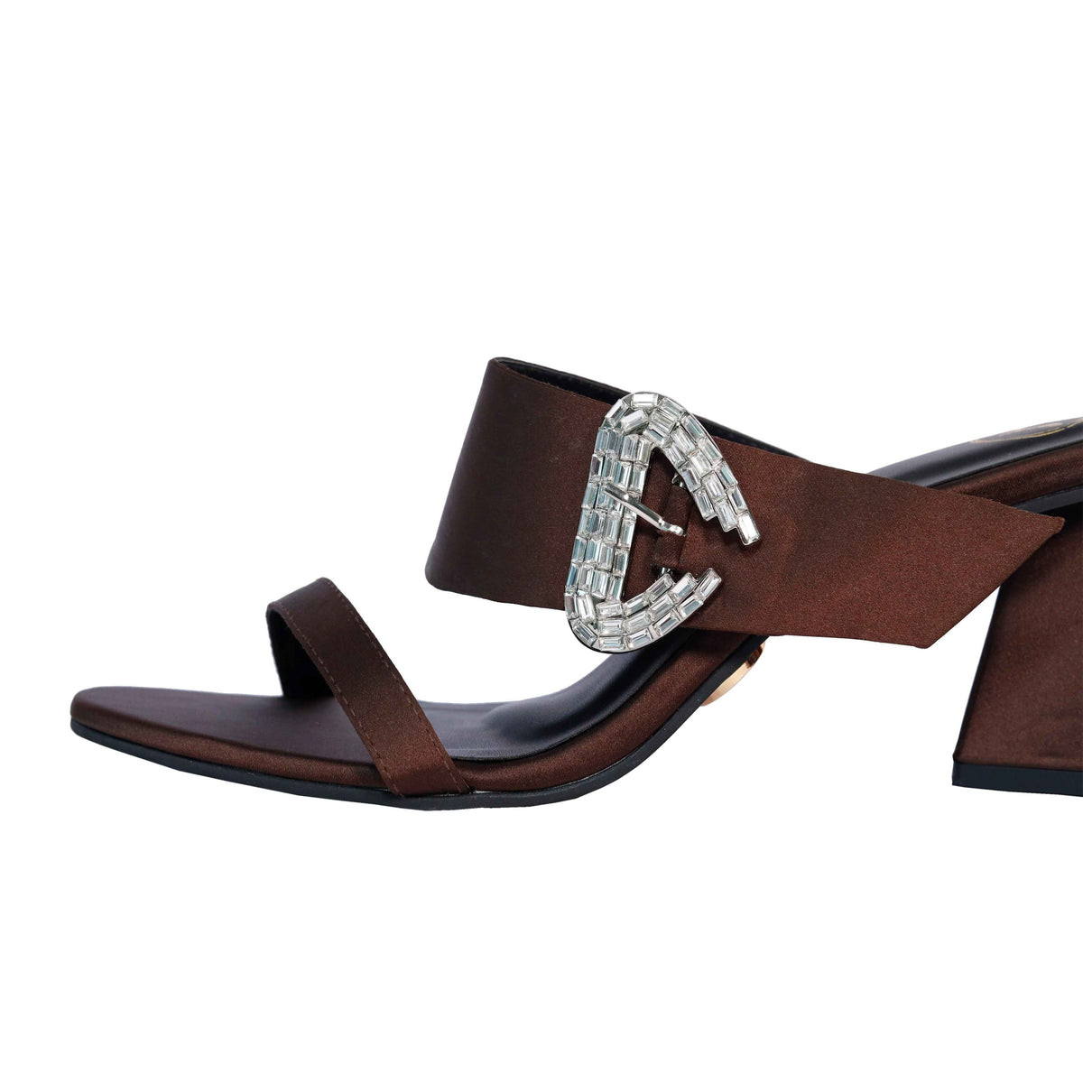 Brown Open Toe Leather Dazzle Mocha Block Heel