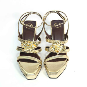 Zeno Gold Open Toe Faux Leather Block Heels for Women