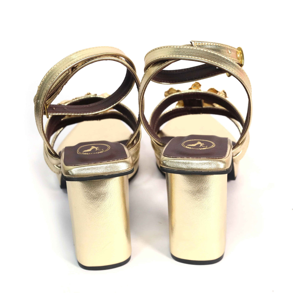 Zeno Gold Open Toe Faux Leather Block Heels for Women