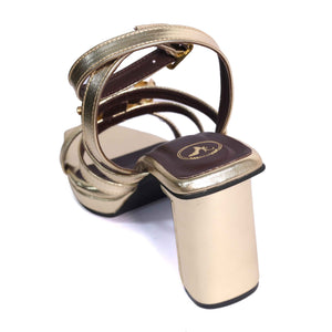 Zeno Gold Open Toe Faux Leather Block Heels for Women
